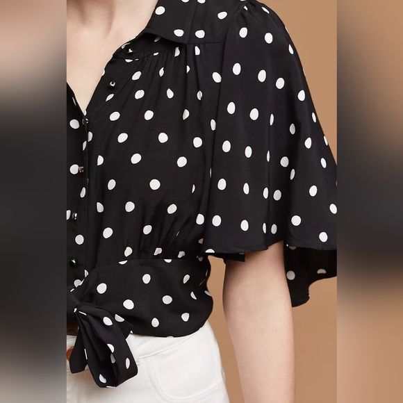 Anthropologie Maeve Black Polka Dot Cropped Flowy Top Women's Size 2 - Picture 2 of 8